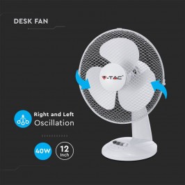 V-TAC VT-4012-3 VENTILATORE OSCILLANTE DA TAVOLO 40W A 3 PALE COLORE BIANCO - SKU 7924