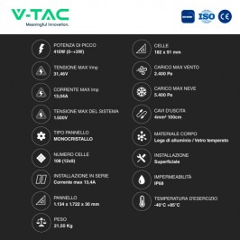 VT-410 Kit 15,1kW 37 Pannelli Solari Fotovoltaici Slim 410W 108 Celle IP68 - SKU 1151737