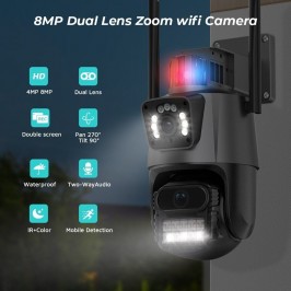IP Telecamera 8MP 4K esterno WiFi PTZ 2 obiettivo doppio schermo 8X zoom CCTV