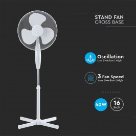 V-TAC VT-4016-3 VENTILATORE A PIANTANA 40W 3 PALE IN PLASTICA COLORE BIANCO ALTEZZA 1200MM - SKU 7922