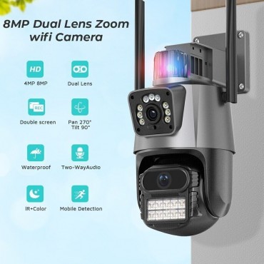 Telecamera IP 8MP 4K esterno WiFi PTZ 2 obiettivo doppio schermo 8X zoom CCTV