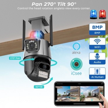 Telecamera IP 8MP 4K esterno WiFi PTZ 2 obiettivo doppio schermo 8X zoom CCTV