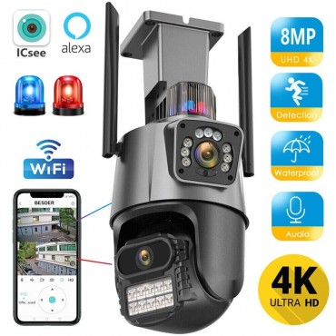 Telecamera IP 8MP 4K esterno WiFi PTZ 2 obiettivo doppio schermo 8X zoom CCTV