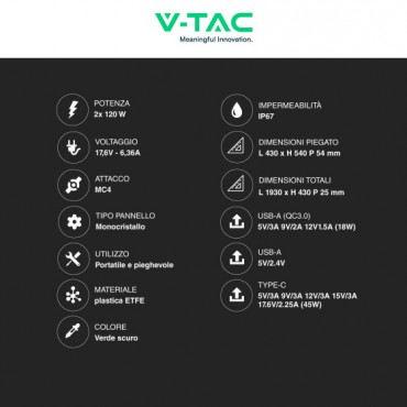 VT-10240 Kit 2 Pannelli Solari Fotovoltaici 2x120W Pieghevoli IP67 Portatili con Cover Protettiva - SKU 11565