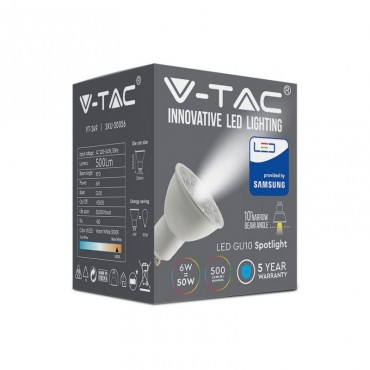 LAMPADINA LED PAR16 GU10 6W FARETTO SPOTLIGHT SMD VT-249  V-TAC PRO Faretto LED Chip Samsung GU10 6W 10°