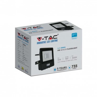 V-TAC PRO Faro LED Chip Samsung 10W con Sensore PIR Cavo 1m Colore Nero Luce Bianca Fredda 6500K IP65