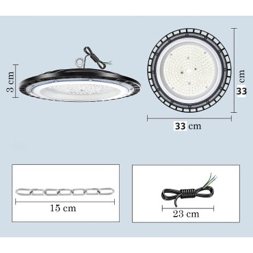 CAMPANA LED UFO FARO INDUSTRIALE 300W LAMPADA SOSPENSIONE SLIM LUCE FREDDA o NATURALE  IP65