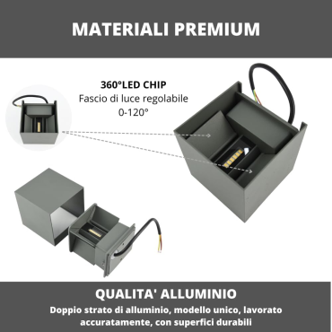 Lampada 12w COB LED Cubo GRIGIO Applique Parete 220V Luce Biemissione 1200lm Regolabile IP65