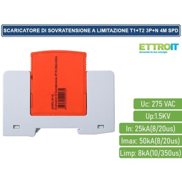SCARICATORE LIMITATORE DI SOVRATENSIONE 4 MODULI TIPO T1+T2 3P+N 25KA-50KA SPD