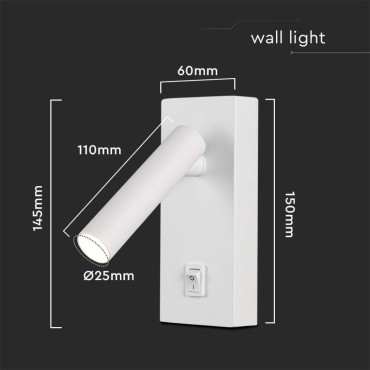 V-TAC Applique da Hotel per Lettura LED 2W Colore NERO O BIANCO