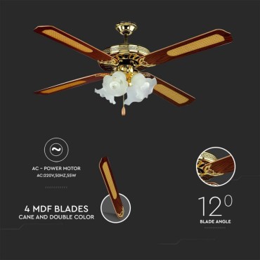 VENTILATORE DA SOFFITTO 60W 4 PALE CON PORTALAMPADA PER 4 LAMPADINE LED E27