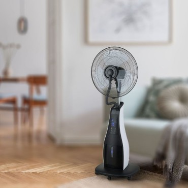 VENTILATORE NEBULIZZATORE A PIANTANA 80W 3 PALE BASE A ROTELLE CON TELECOMANDO 3 Pale da 17 POLLICI Capacità 3.2L