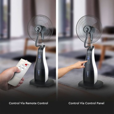 VENTILATORE NEBULIZZATORE A PIANTANA 80W 3 PALE BASE A ROTELLE CON TELECOMANDO 3 Pale da 17 POLLICI Capacità 3.2L