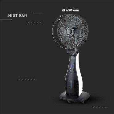 VENTILATORE NEBULIZZATORE A PIANTANA 80W 3 PALE BASE A ROTELLE CON TELECOMANDO 3 Pale da 17 POLLICI Capacità 3.2L