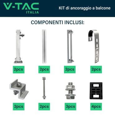 V-TAC KIT di Montaggio da Balcone per Pannello Solare Fotovoltaico Inclinazione Regolabile SKU 11587