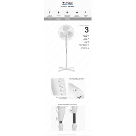 V-TAC VT-4016-3 VENTILATORE A PIANTANA 40W 3 PALE IN PLASTICA COLORE BIANCO ALTEZZA 1200MM - SKU 7922